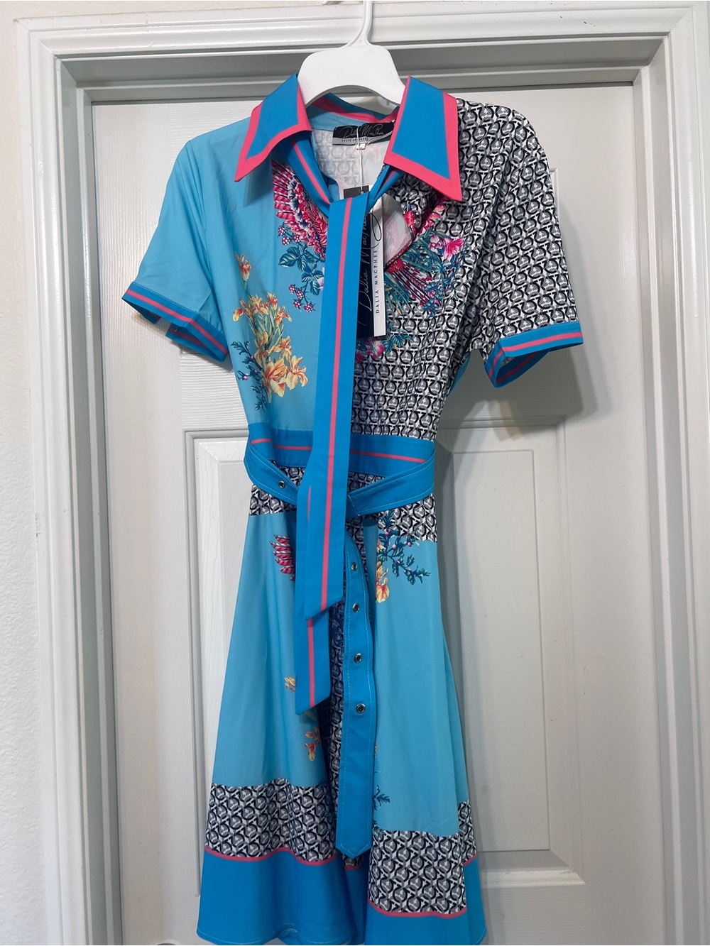 Turquoise Floral-Print Shirt Dress with Contrast Trim with belt and neck bow
